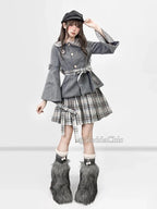Gray plaid tweed jacket with pleated mini skirt, bowknot buttons