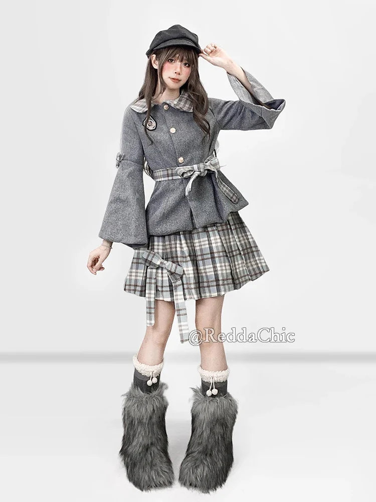 Gray plaid tweed jacket with pleated mini skirt, bowknot buttons