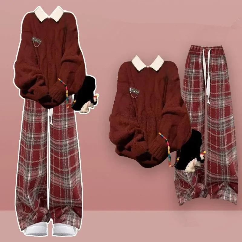 Burgundy Cable Knit Sweater and Plaid Pants Set, burgundy cable knit sweater with white collar and red plaid wide leg pants