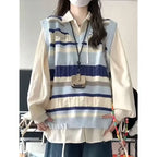 Blue Striped Knit Vest Shirt and Jeans Set, model wearing striped knit vest over cream shirt with small pouch necklace