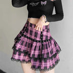 Mall Goth Gothic Lace Ruffle Mini Skirts Womens Harajuku Fairy Grunge Pink Plaid Pleated Skirt Japanese Lolita Streetwear