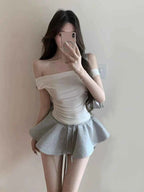 Solid Spliced Lace up Slimming Mini Skirts High Waist