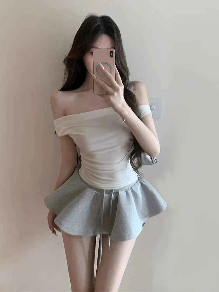 Solid Spliced Lace up Slimming Mini Skirts High Waist