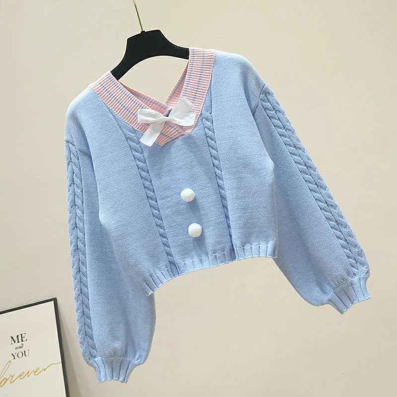 Sweet Autumn Lantern Sleeve V Neck Pullovers Wild Knitted - Vusy Kawaii Shop