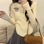 Mink Fur Soft Glutinous Embroidery V-Neck Knitted Sweater - Vusy Kawaii Shop