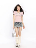 Short Sleeved T-Shirt Shoulder Sleeves Women Girl Slim Fit - Vusy Kawaii Shop