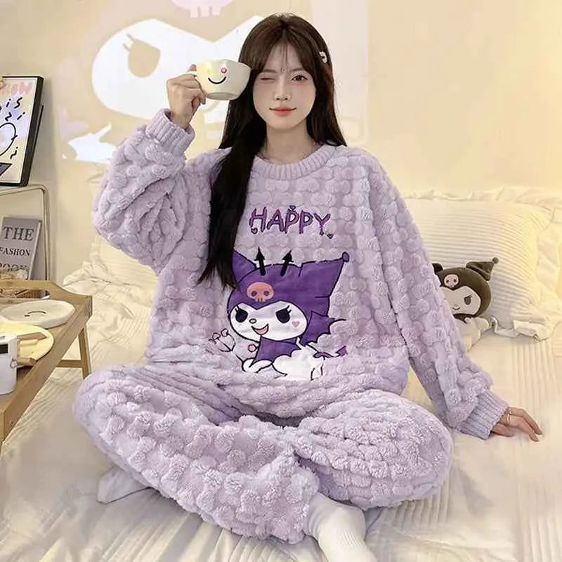 Anime Sanrios Pajamas Set Kawaii Cinnamoroll Cartoon Pajamas Coral Velvet Autumn Winter Warm Nightgown Cute Student Home Clothes