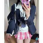 Sweet White Pink Plaid JK Skirt Preppy Style A-Line Pleated