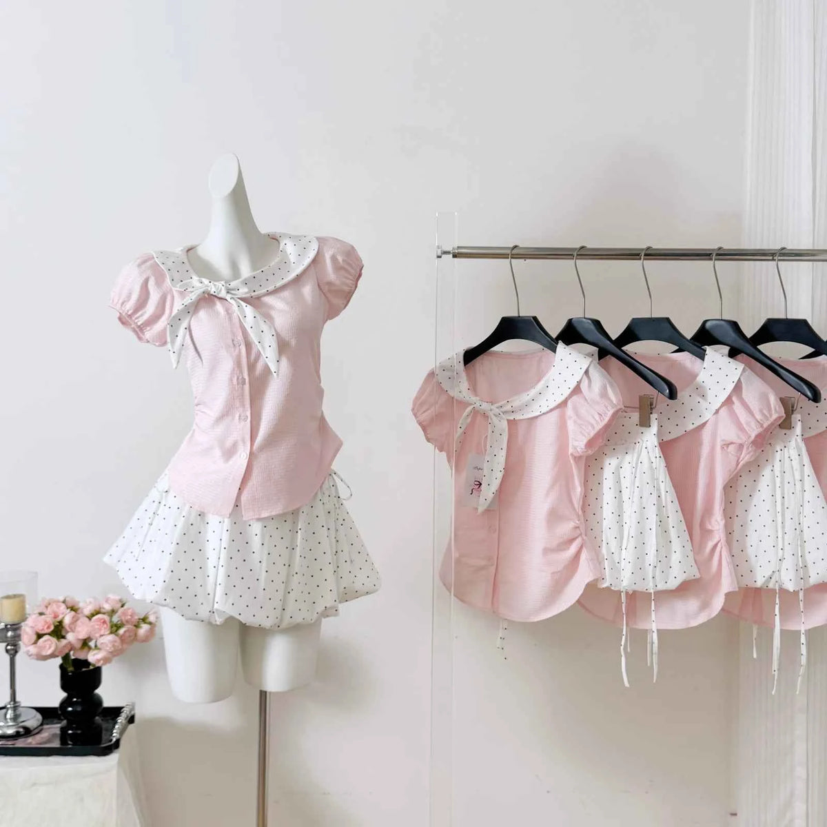 Women's Sweet Polka Dot Bow Collar Top & Mini Skirt Set