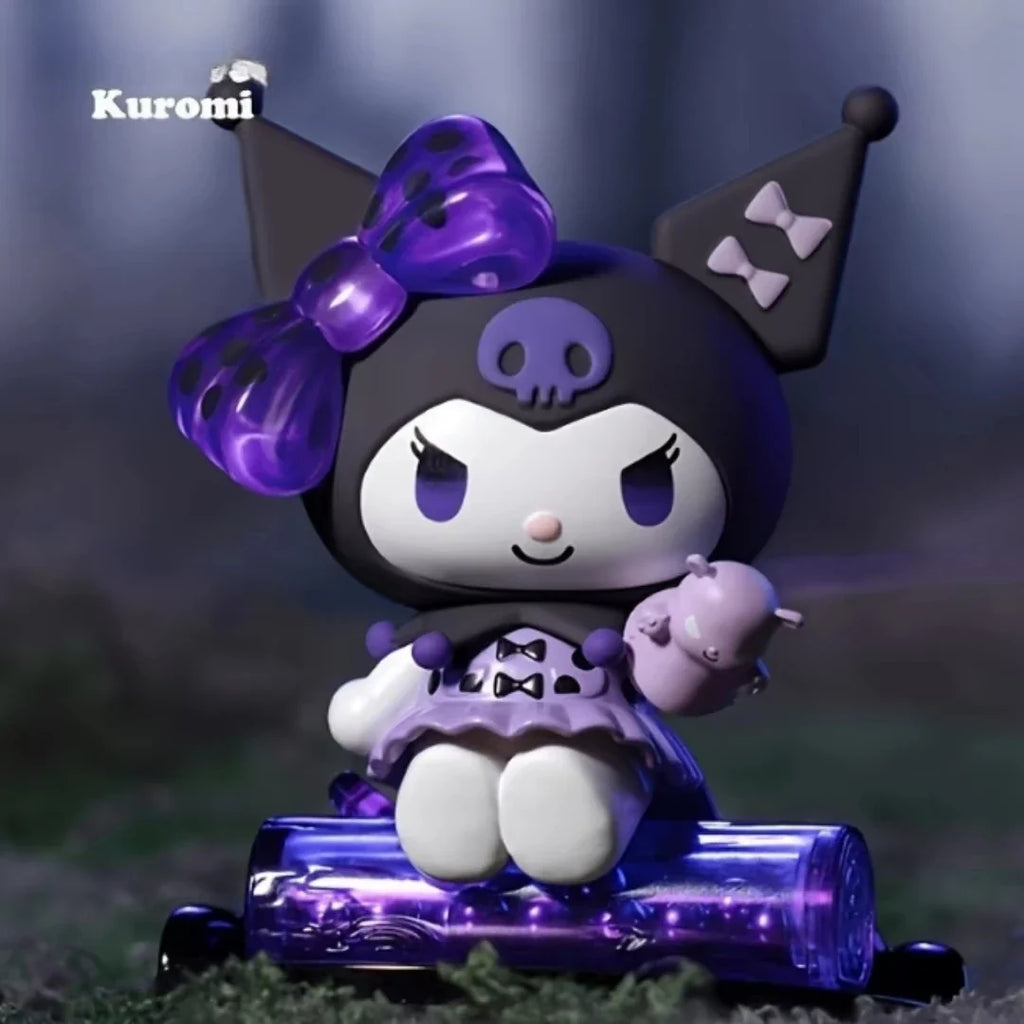 Kuromi Sanrio figure with purple bow sitting on purple glitter tube, close-up