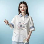 Japanese Academy Style Polo Shirt Cartoon Print Loose Short - Vusy Kawaii Shop