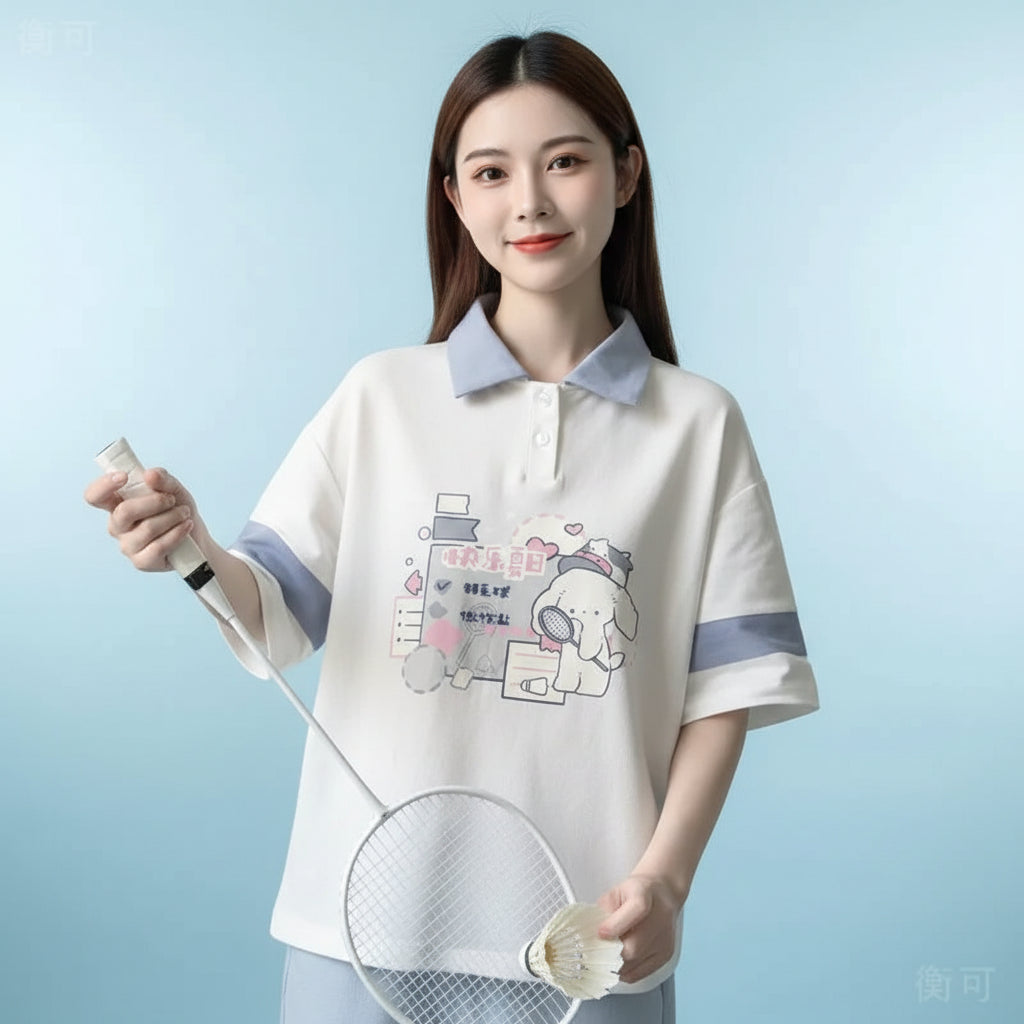 Japanese Academy Style Polo Shirt Cartoon Print Loose Short - Vusy Kawaii Shop