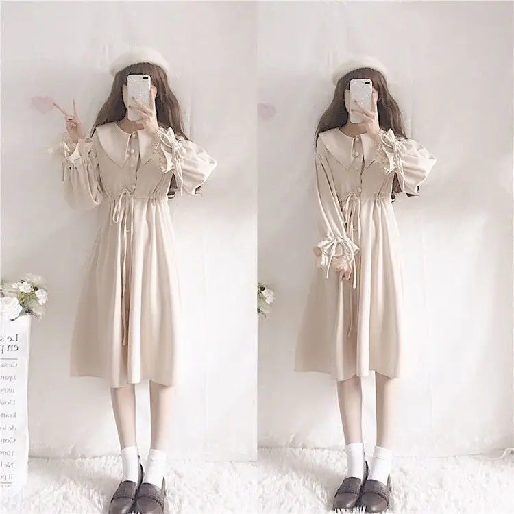 Kawaii Dress Suits 2022 Spring Autumn New Japan School Girl Student Doll Collar Long Sleeve Dress + Cape Shawl Two-piece Set - Vusy Kawaii Shop