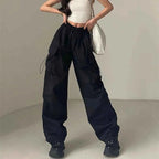 Women Wide Leg Baggy Pants Solid Drawstring Y2K Oversized Pockets Cargo Trousers Female Hip Hop Streetwear Lady 2025 Sweatpants