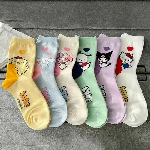6 Pairs Anime Sanrio Melody Kuromi Print Kids Socks Cinnamoroll  Kawaii Warm Cartoon Women Mid-calf Socks Cotton Sock for Girls