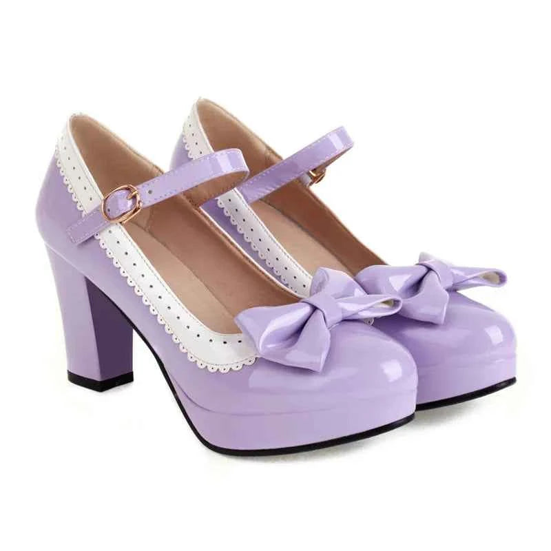 Pink Red Patent Leather Women Platform Mary Janes High Chunky Heels Pumps Lady Party Dress Summer Bowknot Round Toe Lolita Shoes