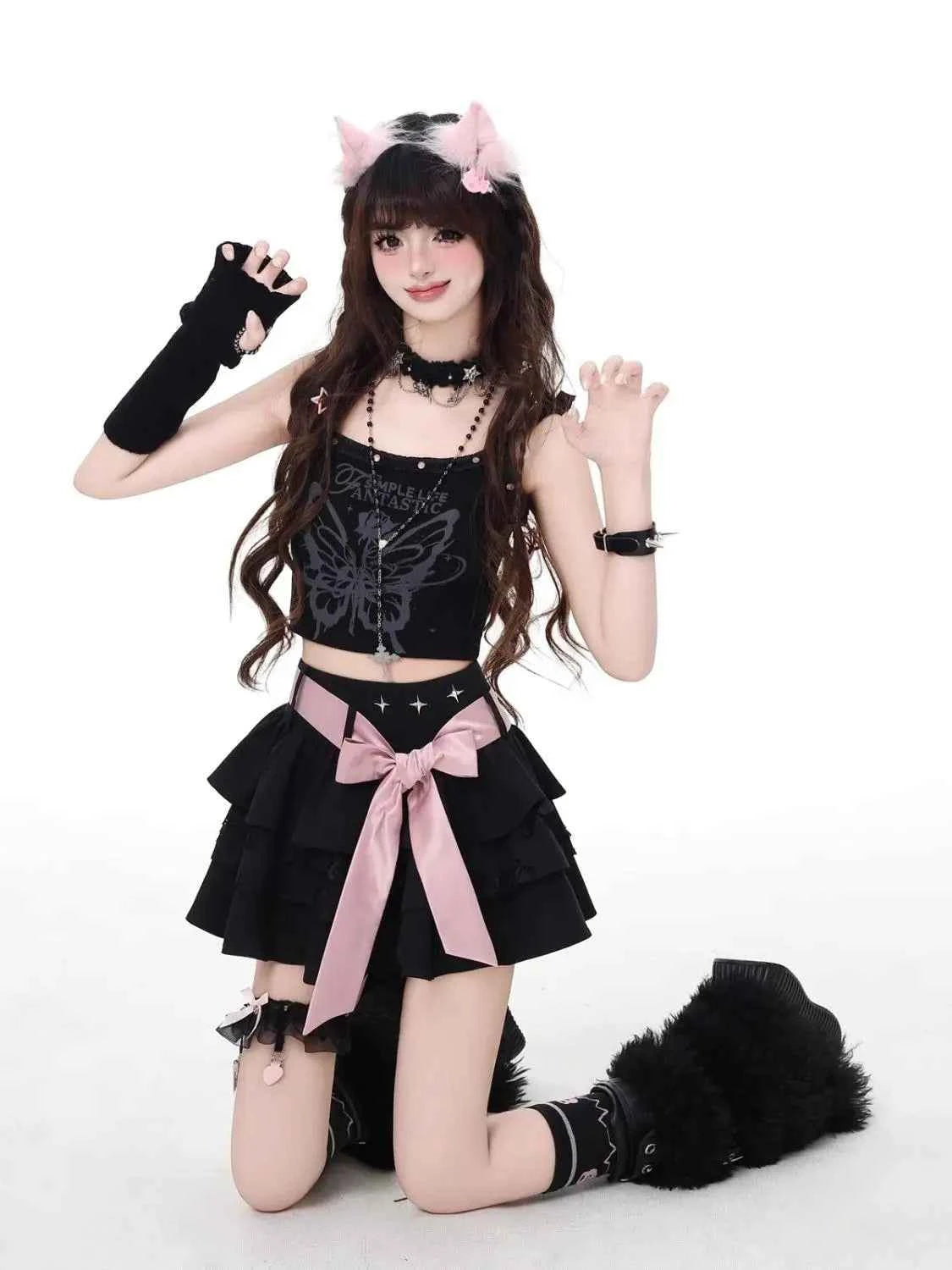 Harajuku Vintage Sweet Ruched Cake Skirts High Waist Bow
