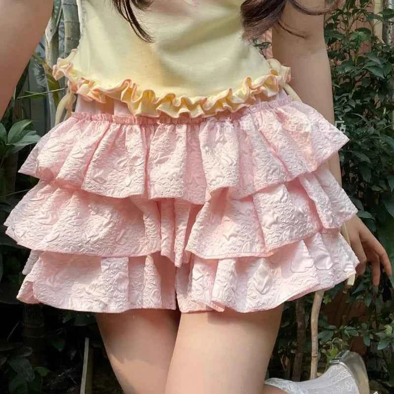 Kawaii Lolita Skirt Shorts Women Summer Ruffle Patchwork