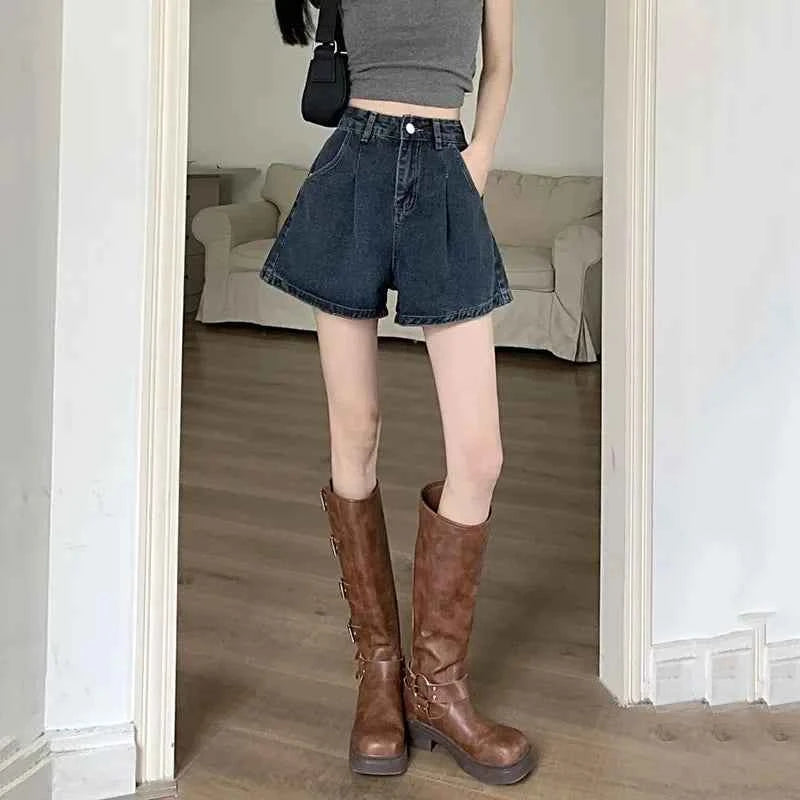 Wide Leg Jeans Shorts Women Summer High Waist Loose Vintage