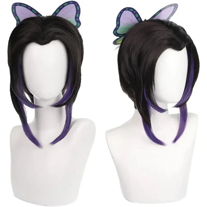 Shinobu Kocho black and purple wig with butterfly hair clip close-up