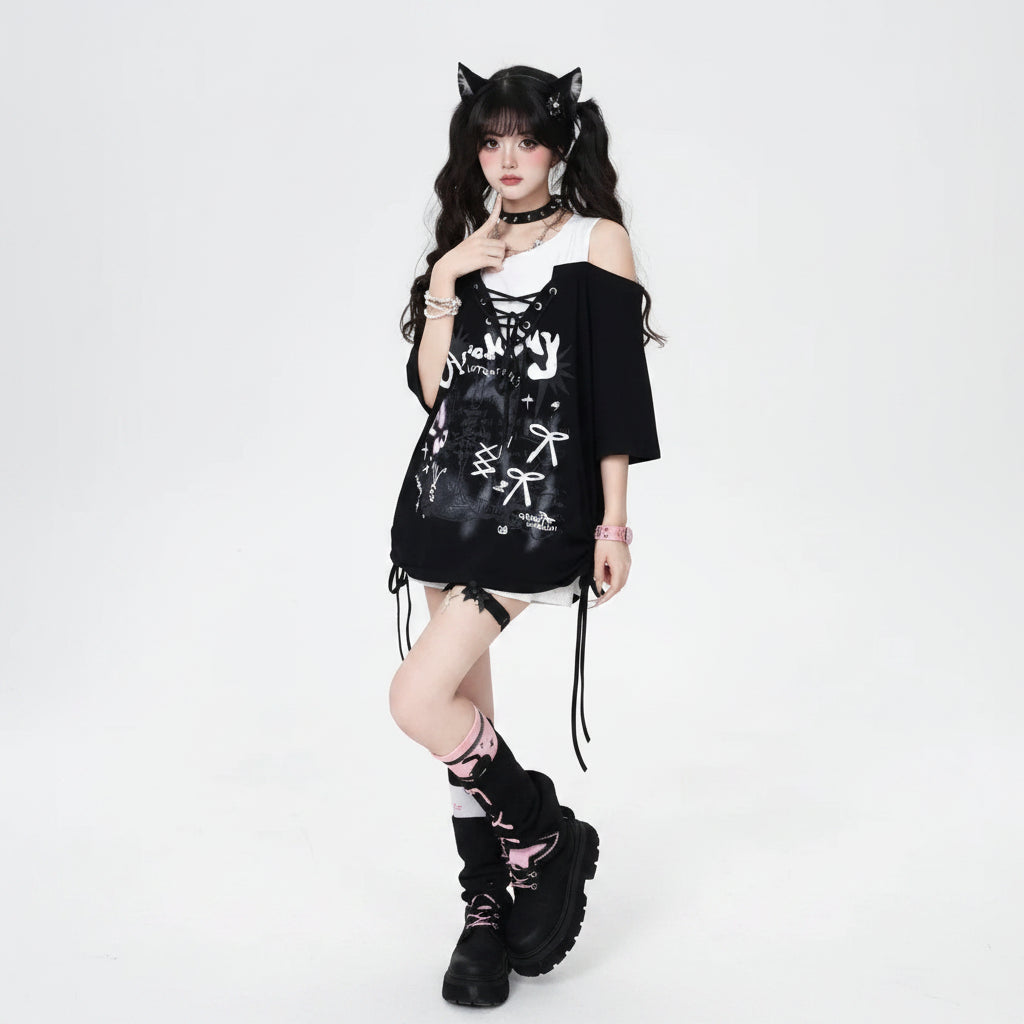 Women Aesthetic Fake Two Pieces Top Harajuku Printing - Vusy Kawaii Shop