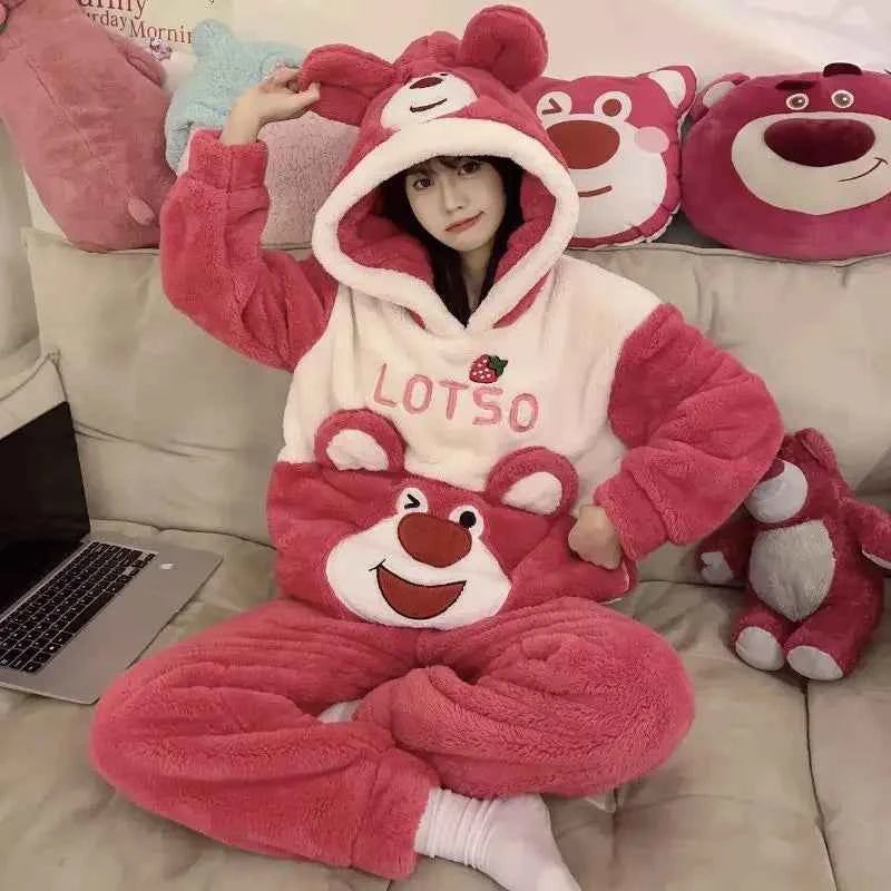 New Autumn Winter Sanrios My Melody Coral Velvet Pajamas Women Kuromi Cinnamoroll Thicken Hooded Cartoon Cute Home Clothes Suit