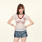 Short Sleeve Tee Summer Clothes Slim Top Coquette Lace See - Vusy Kawaii Shop