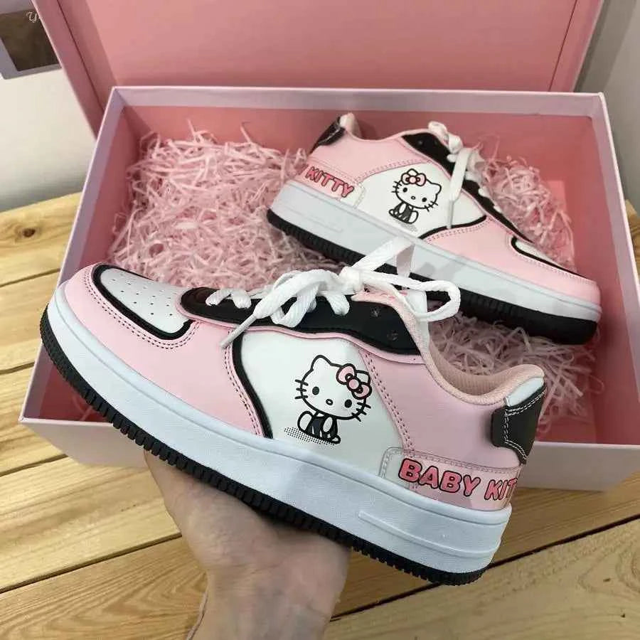 Sanrios Hello Kitty Sneakers Kawaii Women's Shoes Fashion Breathable Sneaker Leather Cartoon Cute Girls Skateboard Spring/autumn