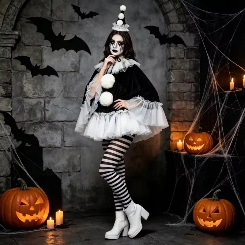 Model in pierrot clown poncho at Halloween scene with pumpkins, bats and candles