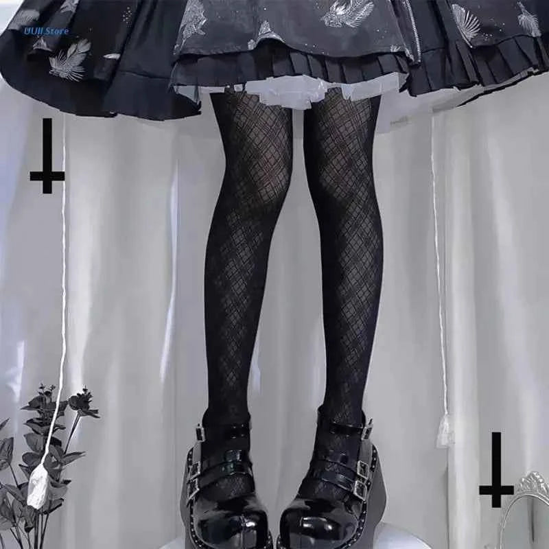 Women Lolita Black Silky Pantyhose Argyle Diamond Plaid Pattern Tights Stockings