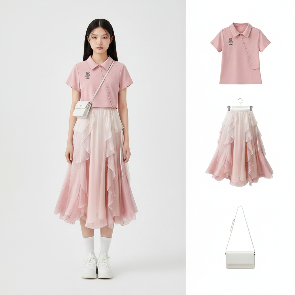 Summer POLO Short-Sleeved T-Shirt Top and Floral Suspender - Vusy Kawaii Shop