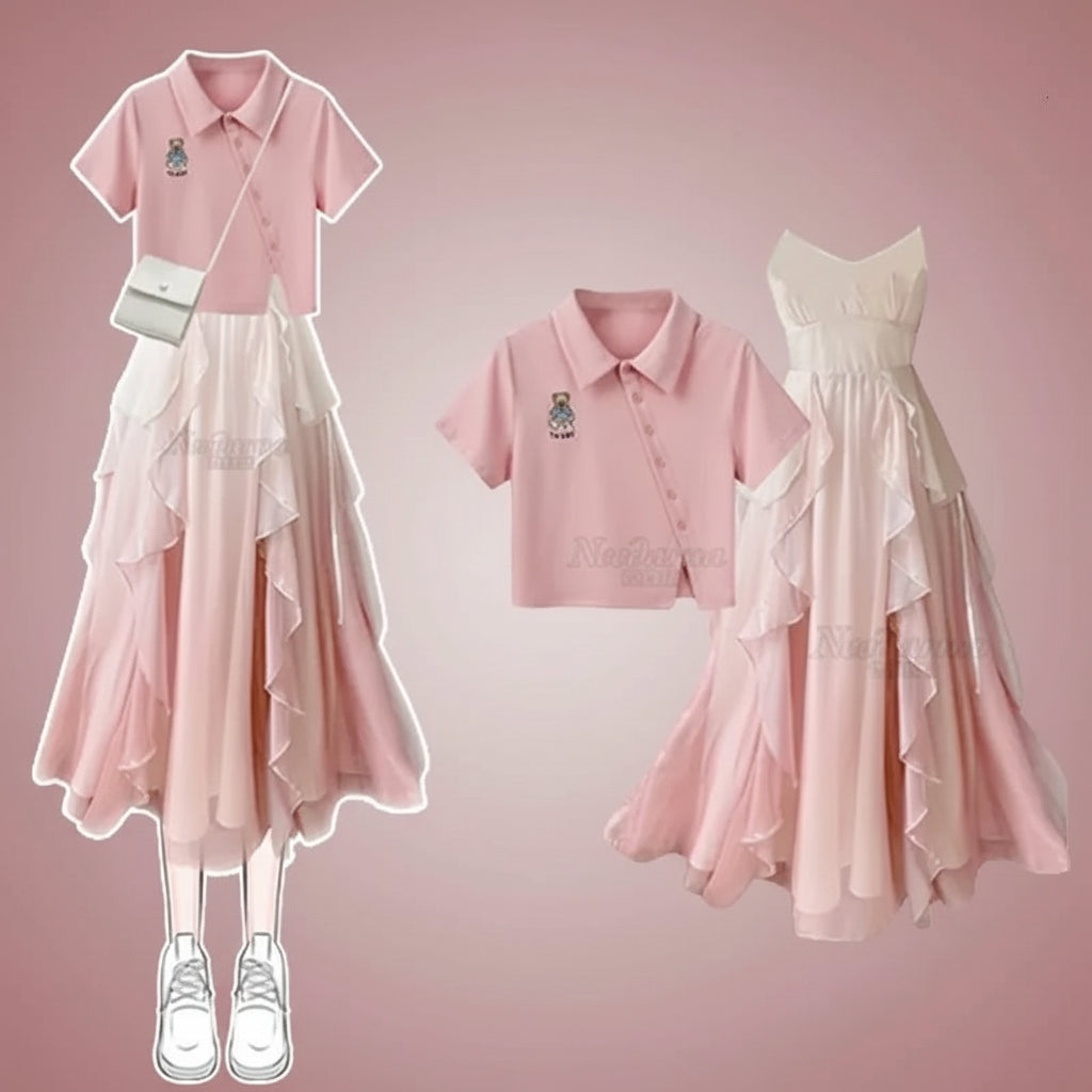 Summer POLO Short-Sleeved T-Shirt Top and Floral Suspender - Vusy Kawaii Shop