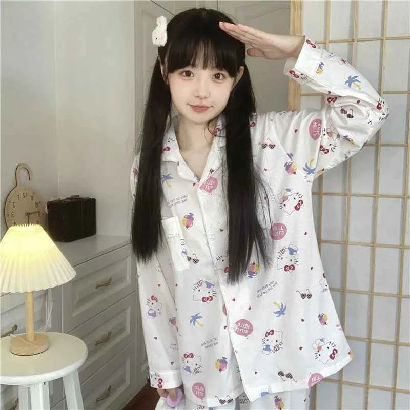 2Pcs Anime Sanrioed Hello Kittys Pajamas Kuromi Kawaii Cartoon Cinnamoroll Loose Sleepwear Pajamas Sets Home Clothes Girl Gifts