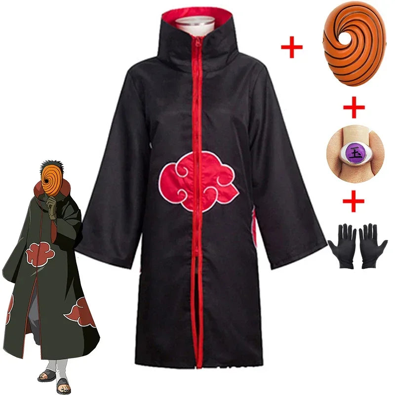Naruto Obito Akatsuki cloak cosplay with mask, ring and gloves, front view