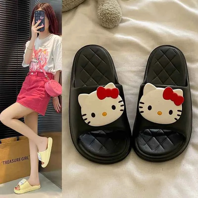 Cute Sanrios Hello Kittys Thick Sole Women Slippers Slides Bathroom Beach Indoor Sandals Girl Summer Anti Slip Shoes Lightweight