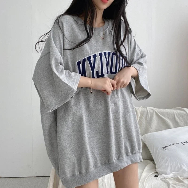 Letter Print Oversized T-Shirts Short Sleeve Korean Women - Vusy Kawaii Shop