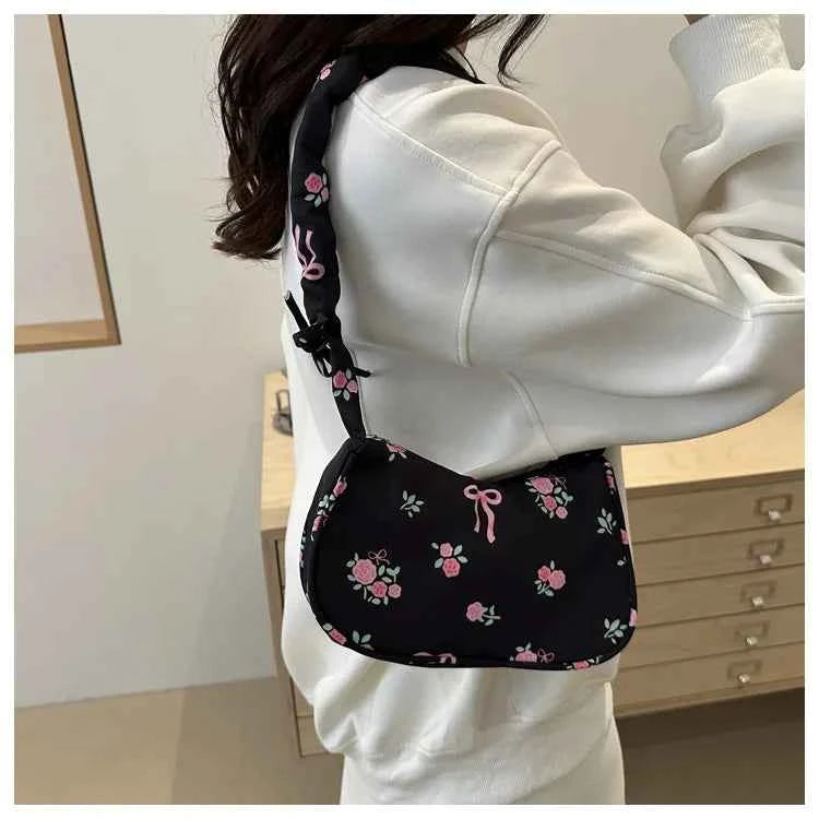 Women's Underarm Bag Summer Canvas Pleated Handlebags Armpit Purse FloralBow Printed Zipper Tote Handbag Female Y2k Shoulder Bag