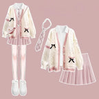 Cream cable knit cardigan with shirt tie and pleated skirt, product photo 5