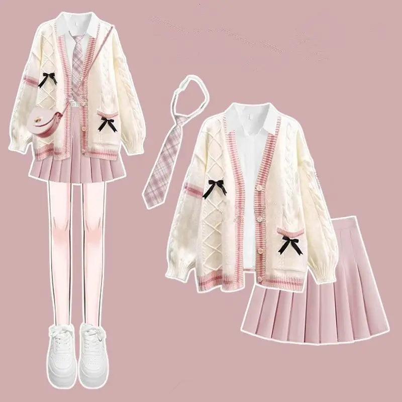 Cream cable knit cardigan with shirt tie and pleated skirt, product photo 5