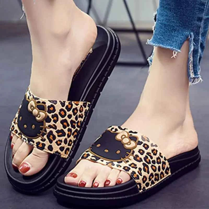 Hello Kittys Slippers Leopard Print Women Kawaii Summer Home Bathroom Bath Sandals Creative Fashion Non Slip Can Be Worn Outside