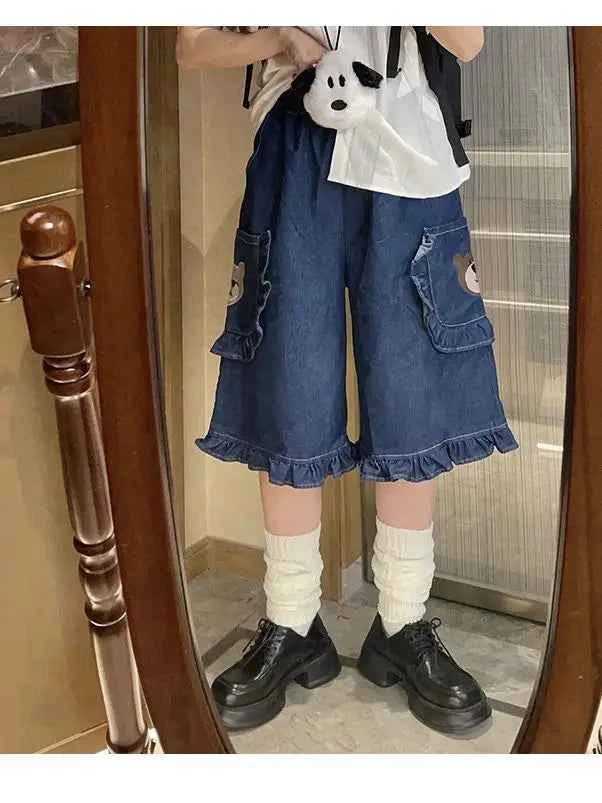 Xgoth Denim Shorts Women Cropped Jeans for Women Summer New Fashion Japanese Spicy Girl Loose Casual High Waist Wide Leg Pants