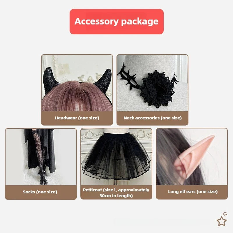 Vampire costume accessory package: horns, choker, socks, petticoat, elf ears