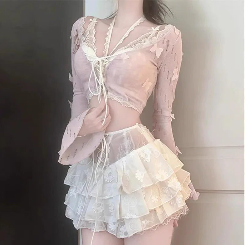 Summer Sweet Sexy V-Neck Slim Fit Long Sleeve Top and Mesh - Vusy Kawaii Shop