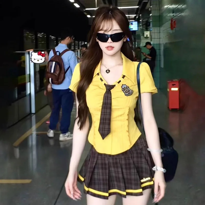 Summer Lapel Neck Slim Fit Short Sleeve Yellow Top - Vusy Kawaii Shop
