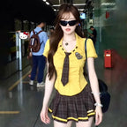 Summer Lapel Neck Slim Fit Short Sleeve Yellow Top - Vusy Kawaii Shop