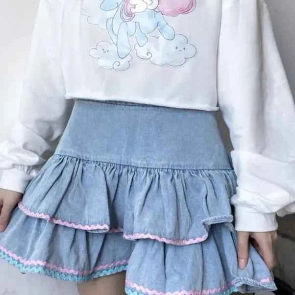 Japanese Sweet Ruched A-Line Cake Skirts High Waist Vintage