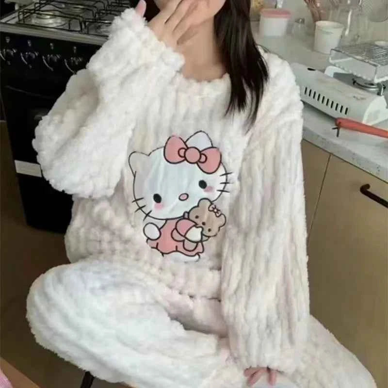 Cute Hello Kittys Coral Fleece Plush Pajamas Set Sanrioed Women's Autumn Winter Pijama Thickened Flannel Home Furry Set Clothes