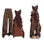 Brown Ruffle Cami Top and Wide Leg Jeans Set, brown wide-leg jeans with belt and ruffle cami flat lay with styled model look