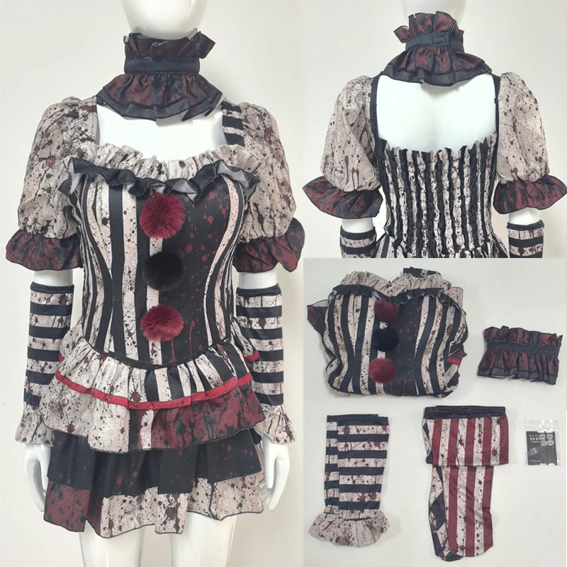Bloody clown costume detail collage: mannequin front and back with flat lay pieces