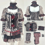 Bloody clown costume detail collage: mannequin front and back with flat lay pieces